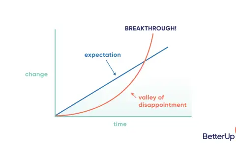 A graph showing how to get over disappointment. Expectation rises linearly, while the reality dips into a "valley of disappointment" before a breakthrough.