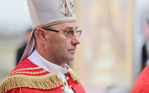Biskup w stroju pontyfikalnym, z mitrą na głowie, w okularach. W tle widać fragment obrazu.