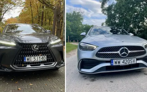 Szary Lexus NX 450h+ obok srebrnego Mercedesa. Jesień i lato w tle.
