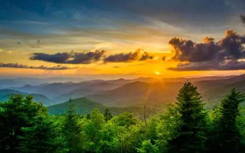 Sunset over rolling blue mountains with lush green trees in the foreground.