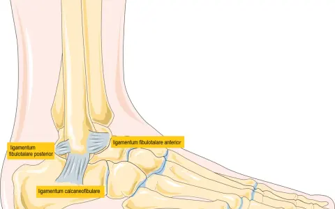Illustration av fotens ligament. Ligamentum fibulotalare anterior, posterior och ligamentum calcaneofibulare visas. Kan vara bra att veta om man trampar snett.