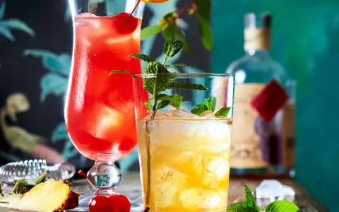 Zwei erfrischende Cocktails, einer rot, der andere gelb, mit Minze und Früchten. Ein **Cocktail mit Bier**-Mix? Vielleicht.
