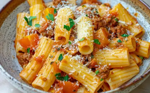 En skål med rigatoni pasta med en mustig köttfärssås och bitar av tomat. Toppad med riven parmesan och färsk persilja. Perfekt vin till salsiccia pasta.
