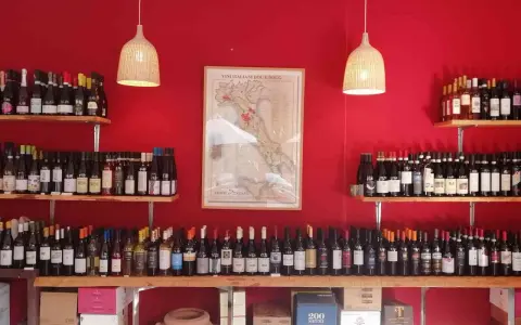 Regal voller italienischer Weinsorten vor roter Wand. Eine Karte Italiens mit Weinregionen hängt zentral.