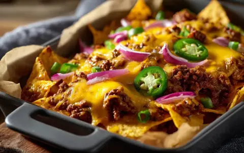 Härliga nachos i ugn med köttfärs, smält ost, jalapeños och rödlök. Perfekt för en mysig kväll!