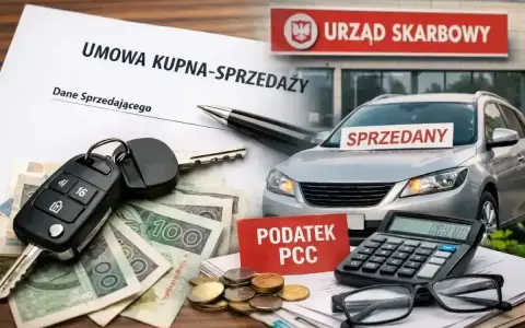 Umowa kupna-sprzedaży samochodu, kluczyki, pieniądze i tabliczka "Podatek PCC" przed Urzędem Skarbowym. Rozliczanie podatku od kupna auta online.