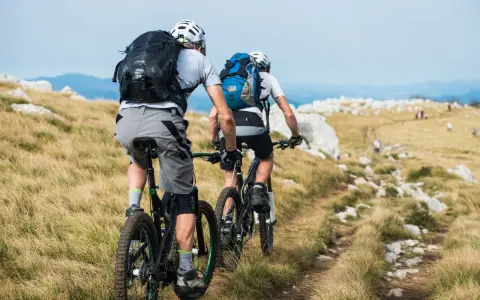 Zwei Radfahrer mit Rucksäcken auf einem Bergpfad. Perfekt für Radreisen und Sternfahrten in der Natur.