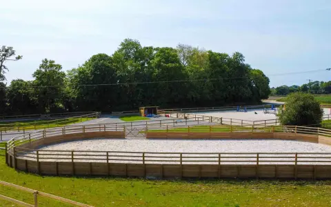 Un manège équestre, un rond d'Havrincourt, avec une piste en sable entourée de bois. Des obstacles d'équitation sont visibles au loin.