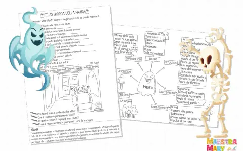Attività sulla paura scuola primaria: filastrocca, schema su cosa genera paura e disegni di bambini spaventati e scheletri.