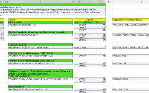Excel-Tabelle zeigt die Anwendung der FILTER-Funktion mit verschiedenen Kriterien, z.B. Textfilter, Vergleichsoperatoren und mehreren Bedingungen.