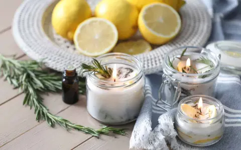 Candele profumate con limone e rosmarino, ideali per capire come eliminare gli insetti in casa in modo naturale.