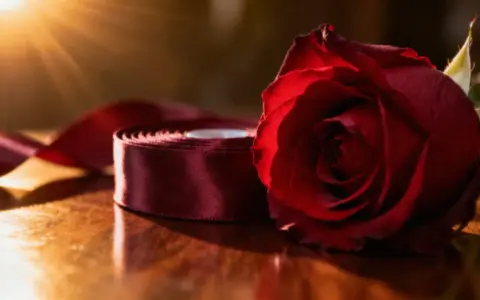 Czerwona róża i bordowa wstążka na drewnianym stole, w blasku słońca. Te kolory róż symbolizują miłość i namiętność.