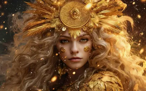 Złota bogini, symbol 22.08 znaku zodiaku, emanuje blaskiem i tajemnicą, otoczona gwiezdnym pyłem.