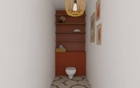 Un WC blanc est niché dans un alcôve aux murs rouge brique. Des étagères en bois flottent au-dessus, ornées d'objets décoratifs. Le sol est carrelé de cercles dans des tons terreux.
