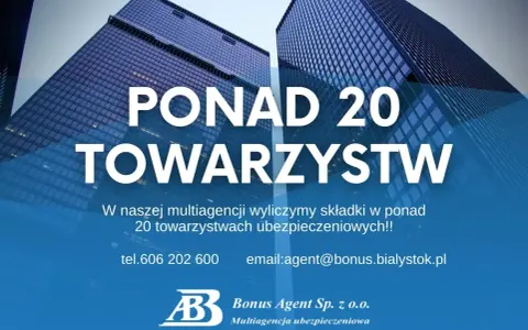 Dwa nowoczesne wieżowce z niebieskimi fasadami, tekst "PONAD 20 TOWARZYSTW".