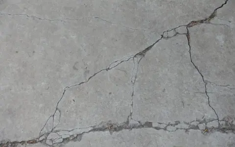 Popękany beton, jakby po długim okresie podlewania, z widocznymi szczelinami i drobnymi źdźbłami trawy.