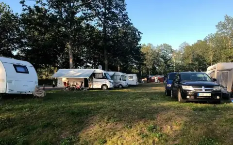 Solig dag på Alsterbro camping med husvagnar, husbilar och bilar uppställda på gräset.