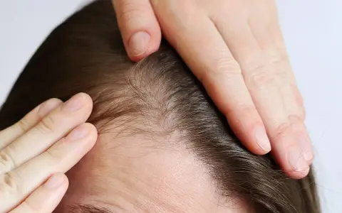 Manos tocando el cuero cabelludo, mostrando finos cabellos y piel. Podría indicar dolor cuero cabelludo o preocupación por la pérdida de cabello.