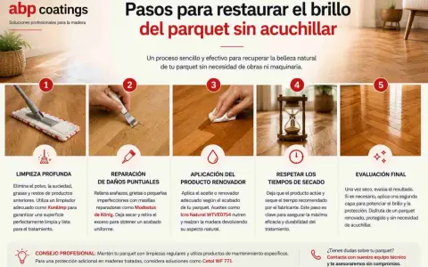 Pasos para restaurar el brillo del parquet sin acuchillar: limpieza, reparación, aplicación de renovador, secado y evaluación final.