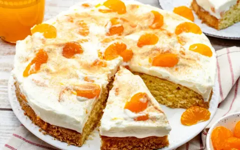 Ein saftiger Fantakuchen, perfekt als Tassenrezept, mit viel Sahne und Mandarinenstücken bestreut.