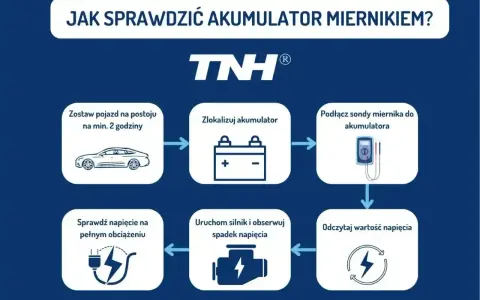 Schemat instrukcji sprawdzania akumulatora miernikiem. Pokazuje kroki: postój pojazdu, lokalizacja akumulatora, podłączenie miernika, odczyt napięcia, uruchomienie silnika i obserwacja spadku napięcia, sprawdzenie napięcia pod obciążeniem.