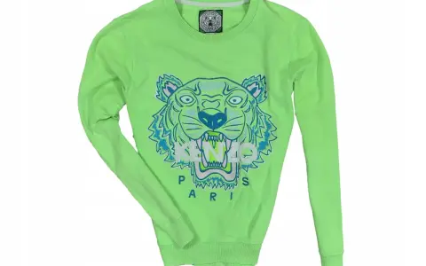 Jaskrawozielona bluza Kenzo damska z wyrazistym, niebieskim tygrysem i napisem "PARIS".