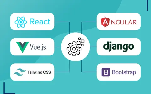 React, Vue.js, Angular, Django, Tailwind CSS, Bootstrap – popular frameworki javascript i narzędzia do tworzenia aplikacji.