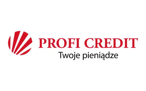 Logo PROFI CREDIT z hasłem "Twoje pieniądze". W tle czerwono-biały symbol.