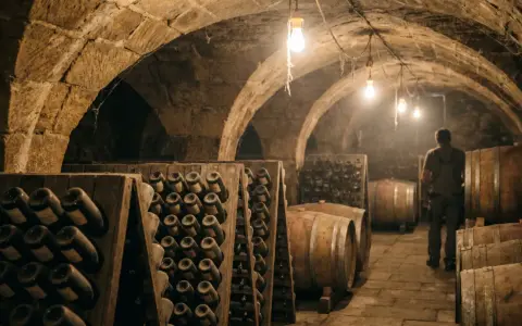 In einem alten Keller lagern Flaschen und Fässer. Ein Mann inspiziert die Reifung, die nach der **méthode champenoise** erfolgt.