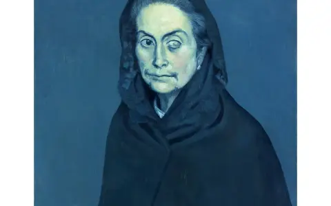Portrait mélancolique d'une femme voilée, typique de la période bleue de Picasso.