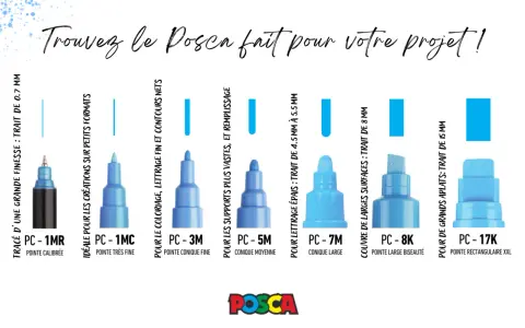 Divers feutres Posca bleus aux pointes variées, du fin au large, pour tous vos projets créatifs. Le vernis fixateur Posca assure la durabilité.
