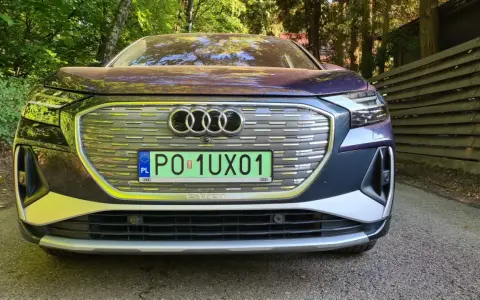 Elegancki, chromowany samochód Audi e-tron z polskimi tablicami rejestracyjnymi stoi na tle zielonego lasu.