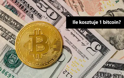 Złoty symbol bitcoina leży na stosie banknotów dolarowych. Pytanie brzmi: "Ile kosztuje 1 bitcoin?".