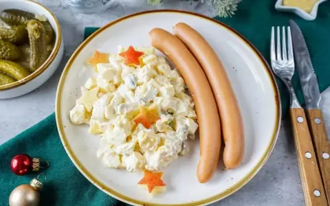 Kartoffelsalat mit Würstchen, dekoriert mit Sternen – ein Klassiker der 10 besten Weihnachtsessen. Dazu gibt es Gewürzgurken und Senf.