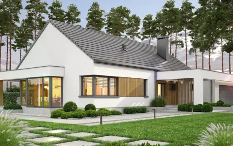 Nowoczesne domy parterowe do 120m2. Biały, minimalistyczny budynek z dużymi oknami i drewnianymi elementami, otoczony zielenią.