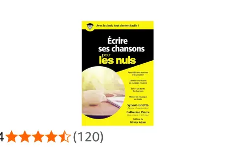 Livre "Écrire ses chansons pour les nuls" expliquant comment on écrit musique, avec une tasse de café et une guitare en arrière-plan.