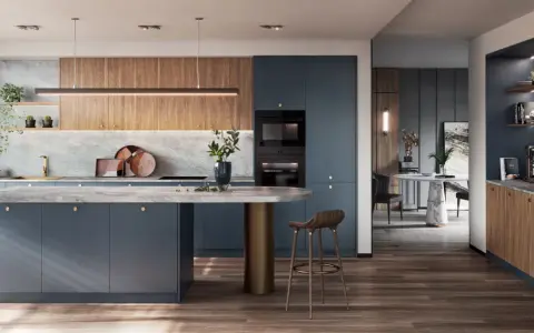 Elegantes cocinas azules con isla central, encimeras de mármol y detalles en madera. Un diseño moderno y sofisticado.