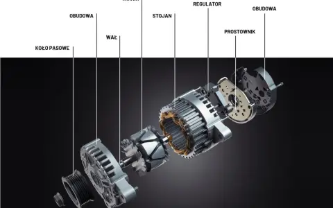 Rozłożony alternator: koło pasowe, obudowa, wał, wirnik, stojan, regulator, prostownik. Poznaj budowę alternatora.