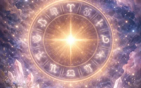 Zodiakalny krąg z symbolami gwiazd, w tym znakiem Lwa, otoczony kosmiczną mgławicą i kryształami. Twój horoskop tygodniowy Lew czeka!