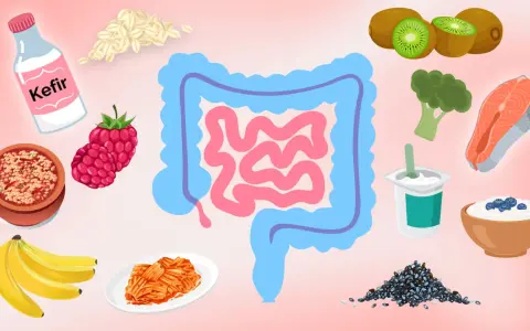 Bilder von Kefir, Haferflocken, Beeren, Bananen, Kimchi, Kiwis, Brokkoli, Lachs, Joghurt und Chia-Samen, die darmfreundliche Lebensmittel darstellen.