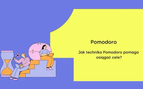 Ilustracja pokazuje, jak technika Pomodoro pomaga w produktywności. Dwie osoby pracują przy laptopach, obok klepsydra i minutnik.