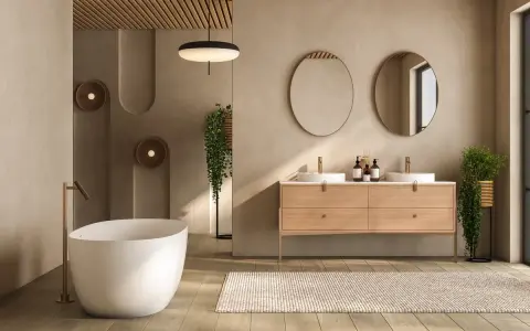 Salle de bain épurée avec baignoire îlot, double vasque et tapis. Le beige et le bois créent une ambiance zen, une couleur à éviter dans une salle de bain serait le noir intense.