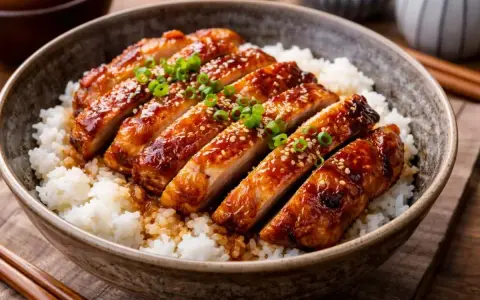En skål med fluffigt ris toppad med saftig, glaserad teriyaki kyckling, strödd med sesamfrön och grön lök. En utsökt måltid.