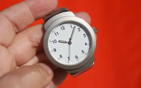 Zegarek na rękę z białym cyferblatem, wskazujący 9:09. Idealny na urlop wypoczynkowy na godziny.
