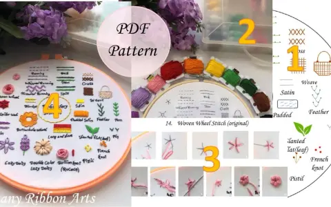 Schema di punti ricamo con fili colorati e schede illustrative. Un PDF pattern per imparare diversi punti.