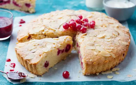 Saftiger zitronenkuchen ohne mehl, mit roten Johannisbeeren und Mandelblättchen bestreut. Ein Genuss!