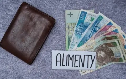 Brązowy portfel obok polskich banknotów i napisu "ALIMENTY". Symbolizuje wsparcie finansowe dla dzieci.