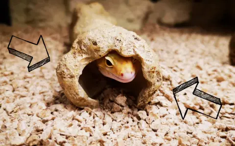 Gekon leopardzi wychyla głowę z kryjówki na tle żwirku.