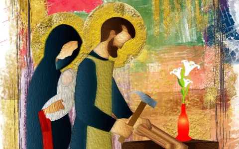 Sainte Famille : Marie, Jésus et saint Joseph charpentier au travail. Des lys blancs dans un vase rouge.