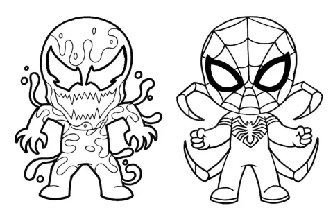 Czarno-biała kolorowanka z uroczymi postaciami: z lewej strony potworny Venom, z prawej Spider-Man. Idealne do pokolorowania!